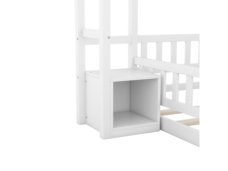  Lit enfant 140x200, garde-corps haut sécurité renforcée lit cabane enfant, structure bois massif, rangement intégré  - Conforama D