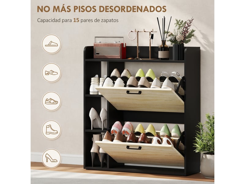  Meuble à chaussures étroit avec 2 portes 3 étagères latérales et étagères réglables pour 15 paires en bois naturel et noir  - Conforama E