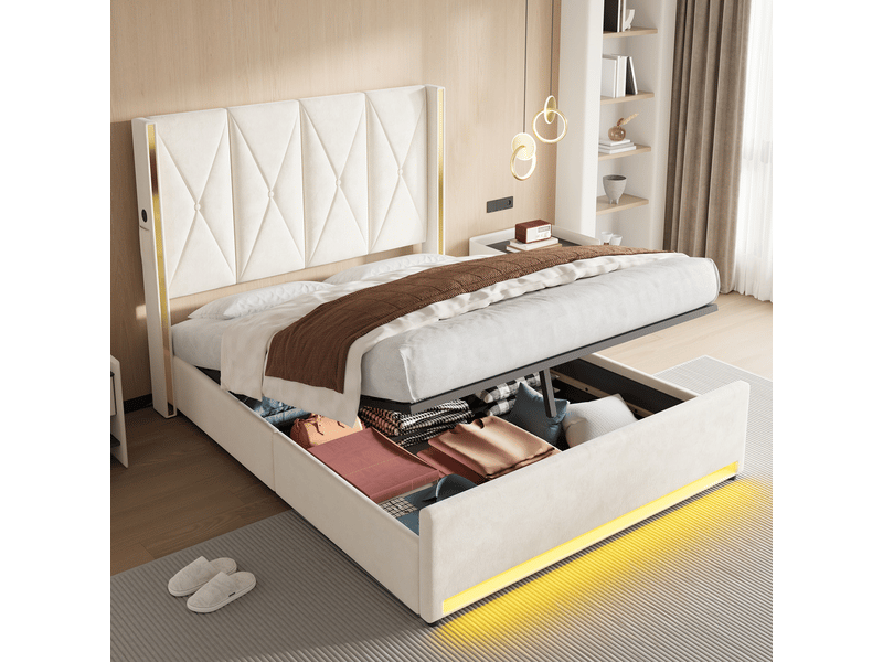  Lit coffre double 160×200 cm avec usb, type-c, led réglable et poches - okmyhome- beige, sans matelas  - Conforama B