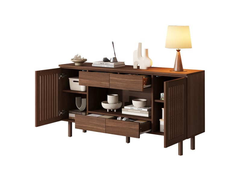 Buffet bas 140 x 35 x 71 cm noyer mdf, 4 tiroirs et 2 portes à lamelles pour salon et salle à manger - Conforama A