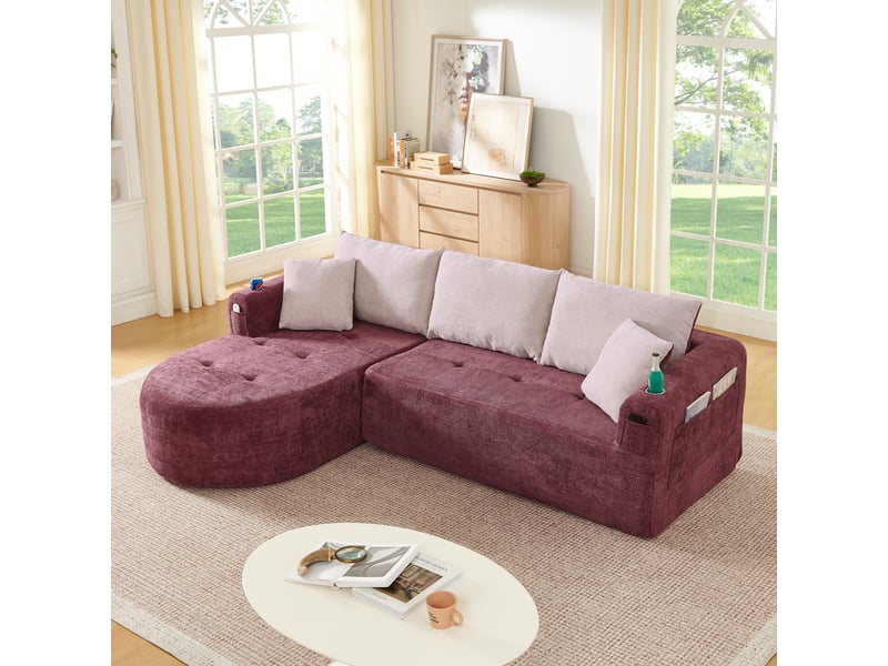 Canapé d'angle en l sans montage 255x170 cm rouge bordeaux avec porte-gobelet inox - Conforama E