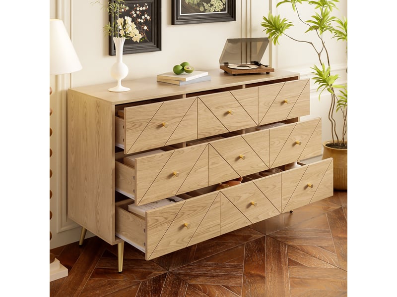  Commode moderne à 9 tiroirs avec pieds en fer – 120 x 39 x 80 cm – motifs géométriques élégants – couleur naturel  - Conforama D