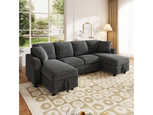Canapé d'angle panoramique convertible <strong>VVBV</strong> <strong>N657P9918G-2</strong> 4 places Tissu gris avec coffre de rangement