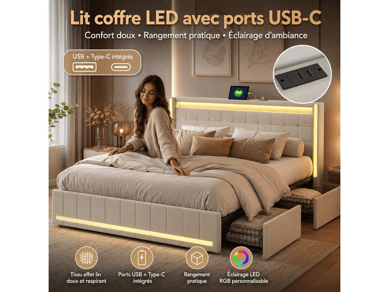 Lit 140 x 190 cm avec sommier à lattes - cadre de lit double avec led et usb tpye c- lit double rembourré avec 4 tiroirs de rangement et tete de lit capitonné - 2 personnes - 2 places- en lin - beige - adulteado - sans matelas -… - Conforama D