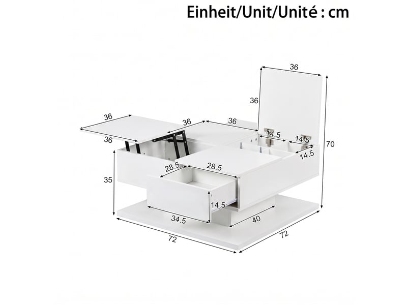  Table basse relevable avec rangement, tiroirs et éclairage led contrôlé par application, blanc brillant  - Conforama C