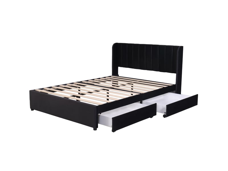  Lit double capitonné 160x200 cm avec deux tiroirs, lit double avec sommier à lattes et tête de lit, lit 2 personnes, noir  - Conforama B
