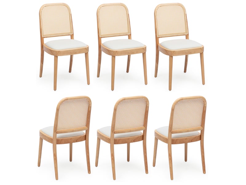 Lot de 6 chaises de salle à manger en bois clair et tissu beige, dossier tressé, confort au quotidien - Conforama A