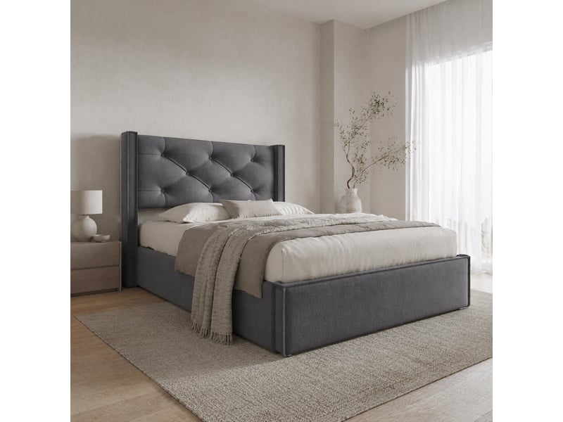  Lit simple coffre 90x200 cm avec rangement bois et métal gris sans matelas  - Conforama B