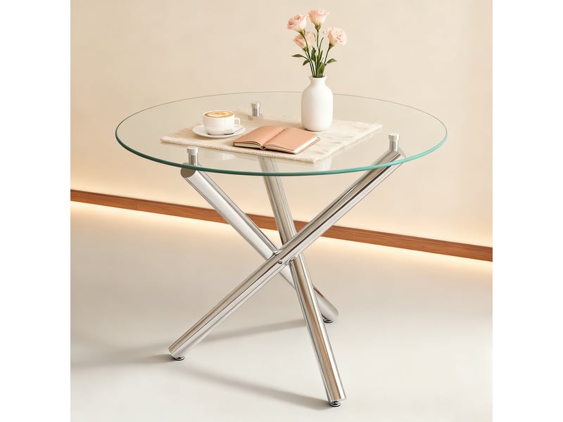  Table à manger ronde 2 à 4 places en verre trempé - lpospi - piètement croisé réglable métal argenté 80 × 80 × 76 cm  - Conforama C