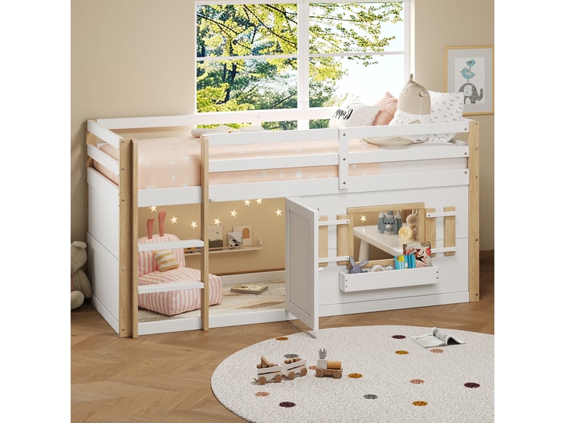 Lit mezzanine enfant 90x200 bois massif blanc multifonction avec échelle et espace de jeu inférieur - Conforama W
