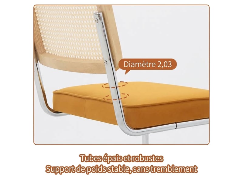  Lot de 2 chaises de salle à manger en velours orange, design moderne mid-century avec dossier rotin et pieds chromés  - Conforama E