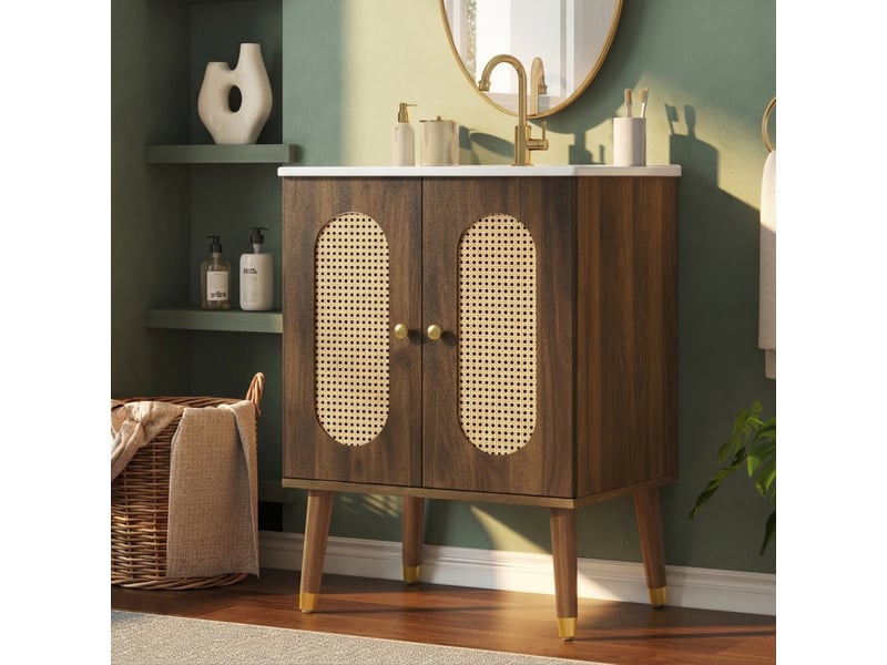  Meuble sous lavabo sur pieds avec vasque et rangement - lpospi - portes en rotin, mdf noyer, 61 cm  - Conforama C