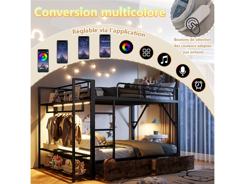  Lit superpose 140x200 cm avec bande lumineuse led et 2 tiroirs, lit enfant avec tringle à vêtements, lit double en noir  - Conforama D