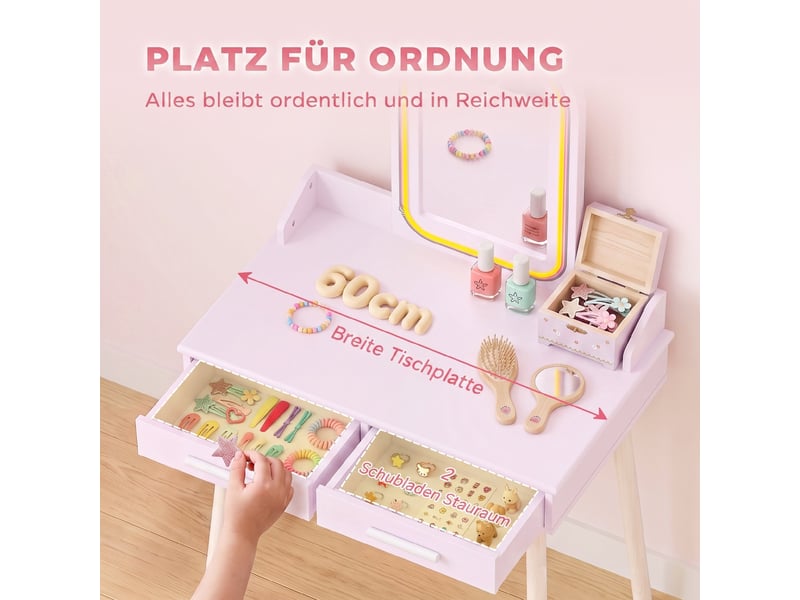  Coiffeuse enfant avec miroir led et 2 tiroirs en pin et mdf rose 60 x 36 x 100 cm  - Conforama E