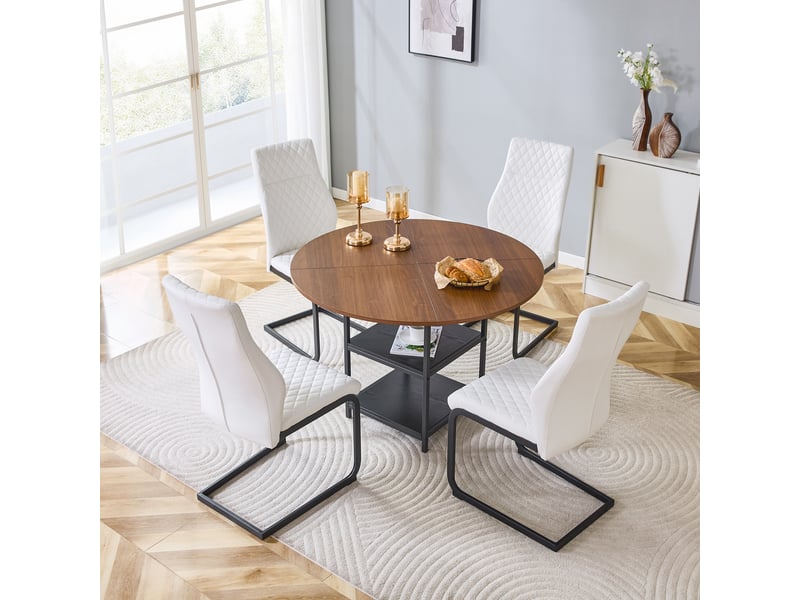  Ensemble table et chaises de salle à manger - table ronde 107 cm - double niveau de rangement Noyer , Blanc + Noir - Conforama B