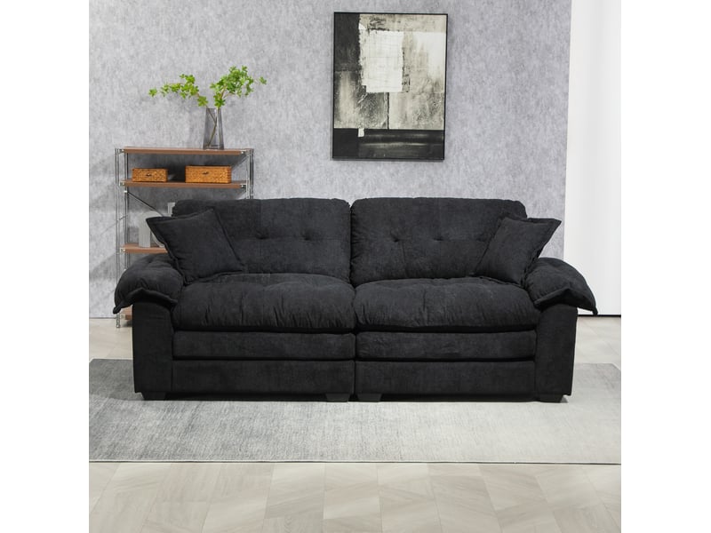  Canapé 214x89x93 cm, assise profonde et double coussin, structure en bois, chenille noire, pour petit espace  - Conforama B