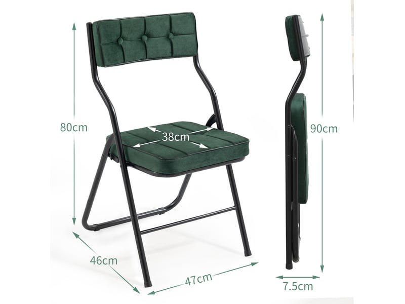  Lot de 2 chaises pliantes 47x46x80 cm, dossier et assise rembourrés incurvés, structure en acier, velours vert  - Conforama C