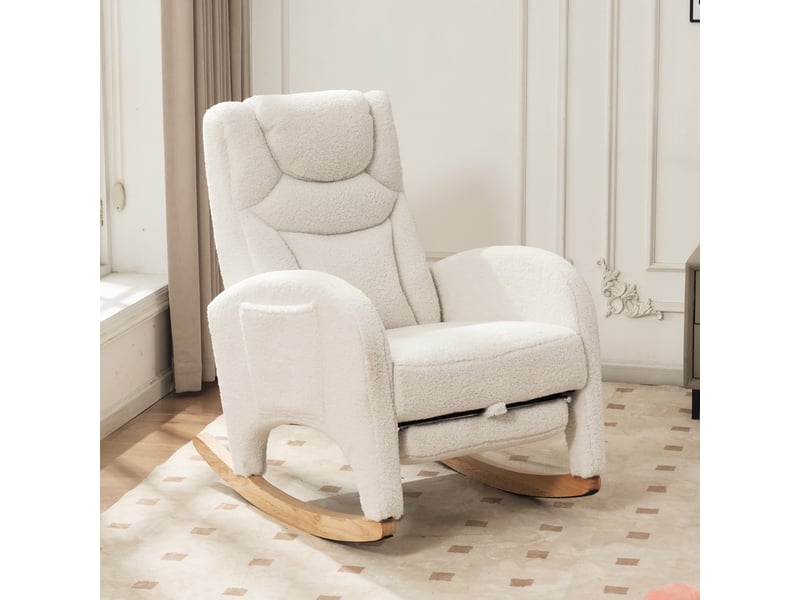  Fauteuil à bascule relax - 66x125x101 cm - avec repose-pieds pliable et têtière en tissu teddy bouclette pieds bois - blanc  - Conforama C