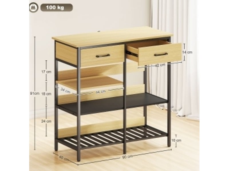 Buffet 90 x 40 x 91 cm naturel en bois et métal, 2 tiroirs 3 étagères ouvertes pour cuisine et salon - Conforama C