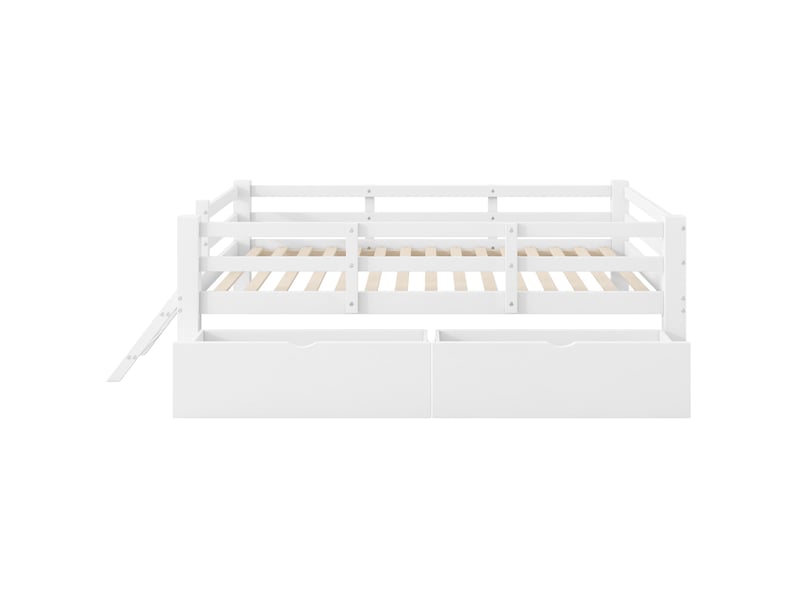  Lit enfant 90x200cm barrières demi-ouvertes 2 tiroirs gain d'espace mdf et contreplaqué pin blanc sans matelas  - Conforama R