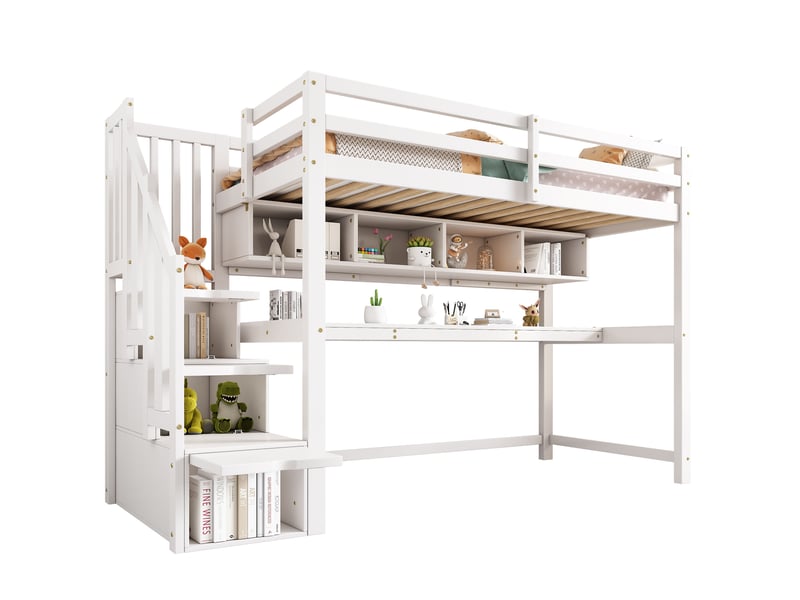  Lit mezzanine enfant 90 × 200 cm 1 place avec escalier de rangement, bureau et étagères, sans matelas, blanc  - Conforama A