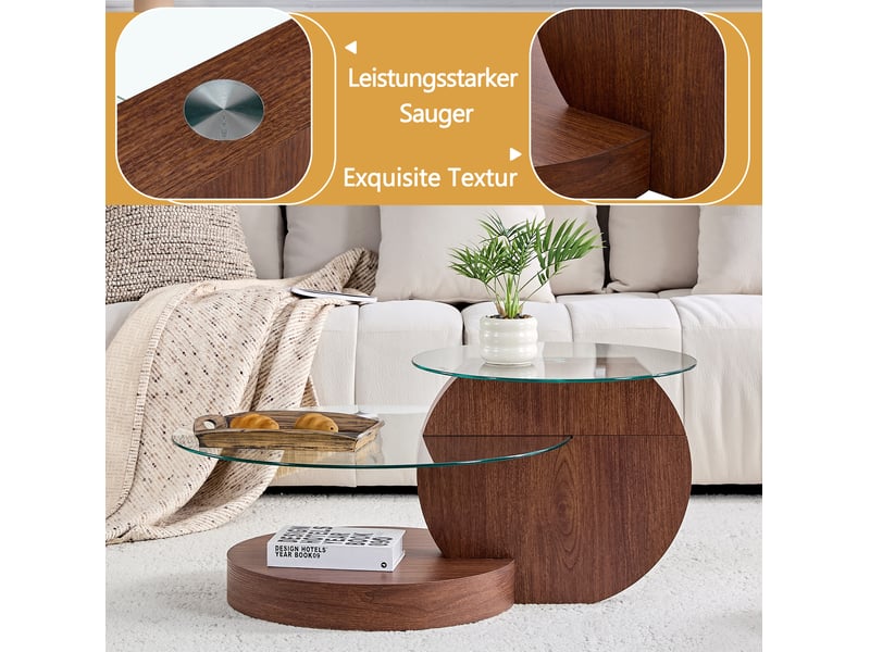  Table basse ronde 90x70x44 cm, meuble de salon, plateau en verre transparent, pour salon et séjour, mdf, couleur noyer  - Conforama E