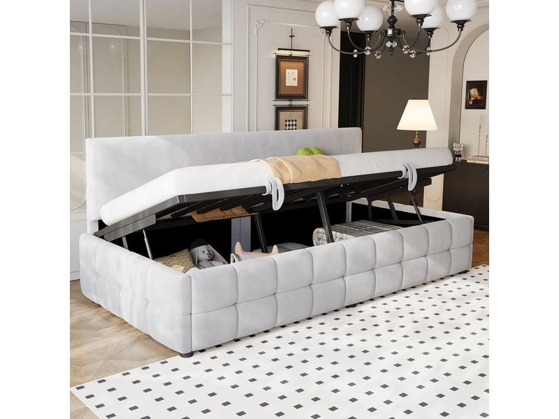 Lit coffre enfant 90x200 cm canapé-lit avec rangement, velours, gris clair, sans matelas  - Conforama W
