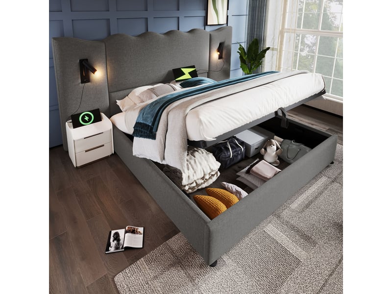 Lit coffre rembourré 180x200 cm avec liseuse intégrée, usb type-c, sommier à lattes, structure bois massif et métal, tissu lin gris Morn Vibe - Conforama C