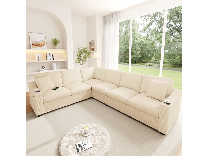 Canapé d'angle tcqpz modulable 6 places 277 x 215 x 85 cm usb type-c porte-gobelets velours côtelé beige - Conforama C
