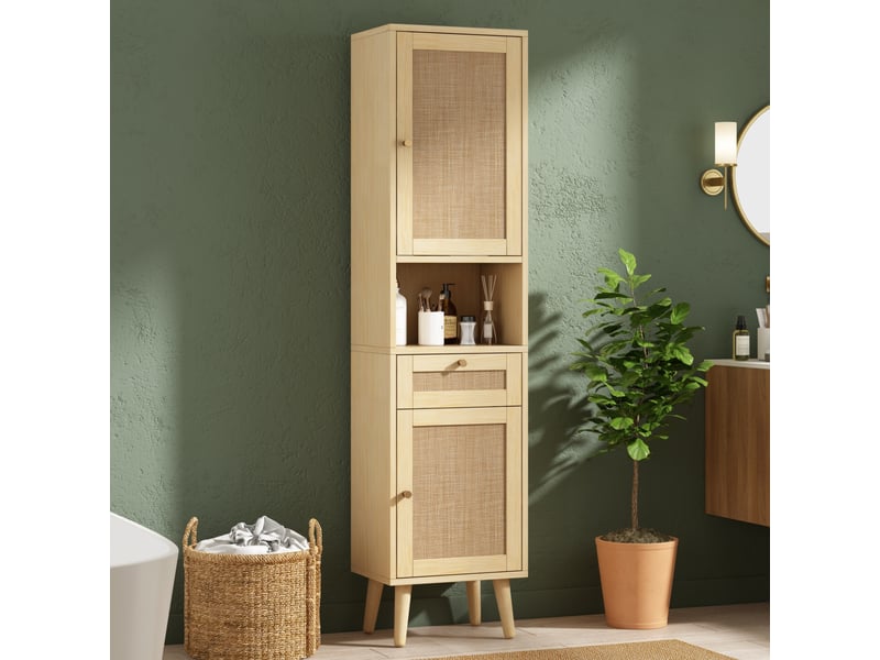  Meuble de salle de bain - 40x30x166cm - meuble haut en cannage rotin avec 2 portes réversibles, tiroir &amp; niches - bois naturel  - Conforama D