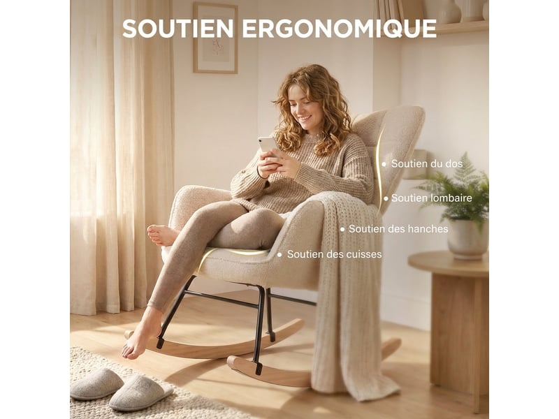  Fauteuil à bascule en tissu bouclé et acier beige 71 x 98 x 101 cm  - Conforama E
