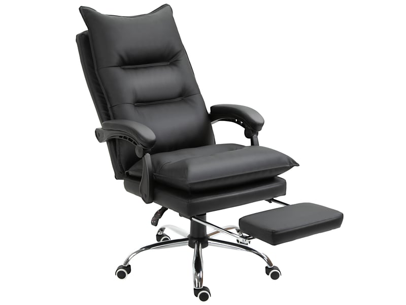 Chaise de bureau ergonomique avec accoudoirs, repose-pieds, pivotante et réglable en hauteur, revêtue de similicuir, noire.  - Conforama B