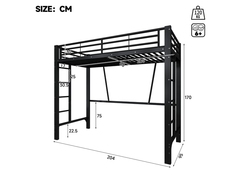  Lit mezzanine 90x200 cm en métal noir avec échelles des deux côtés, garde-corps et espace libre sous le lit.  - Conforama D