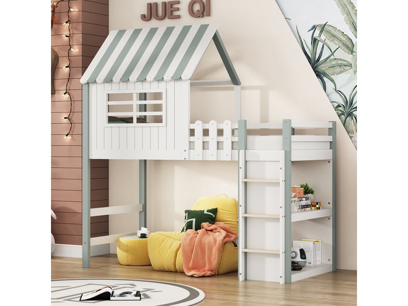  Lit mezzanine enfant 200×90 cm en forme de maison avec espace de rangement, échelle et barrières, sans matelas, vert  - Conforama E