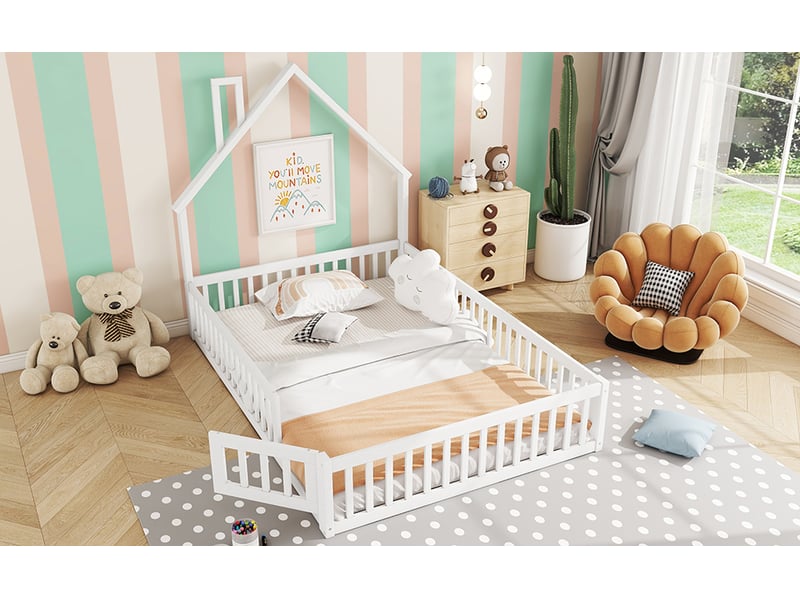  Lit enfant rembourré 140x200 cm en pin blanc, style minimaliste, forme cheminée, sommier à lattes  - Conforama B