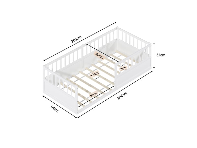  Lit enfant 90x200 cm-lit  au sol 90x200 cm - avec barrières de sécurité et sommier à lattes- bois de pin- blanc  - Conforama C