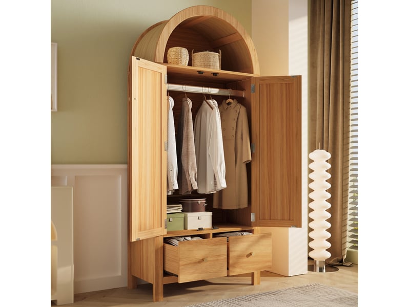  Armoire avec 2 portes en rotin, 2 tiroirs, penderie et niche ouverte, finition chêne pour chambre, 78 × 45 × 181 cm  - Conforama B