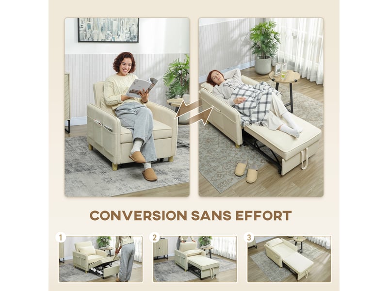  Fauteuil convertible 1 place, fauteuil-lit clic-clac 3 en 1 rembourré en velours grain maïs, dossier réglable, beige  - Conforama D