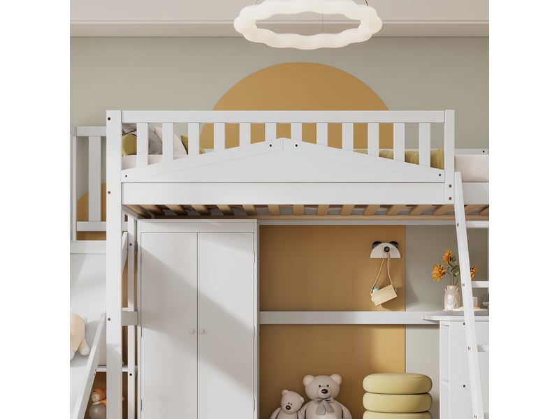  Lit superposé enfant 90x200 cm avec toboggan, bureau et armoire, bois et mdf, blanc, sans matelas  - Conforama E