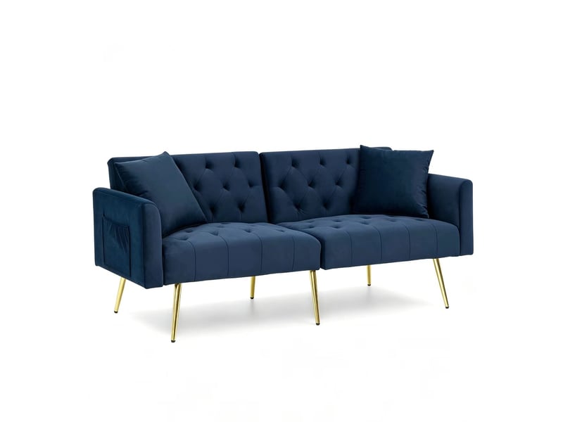  Canapé 2 places en velours bleu, dossier réglable 3 positions avec coussins et pieds métal  - Conforama D