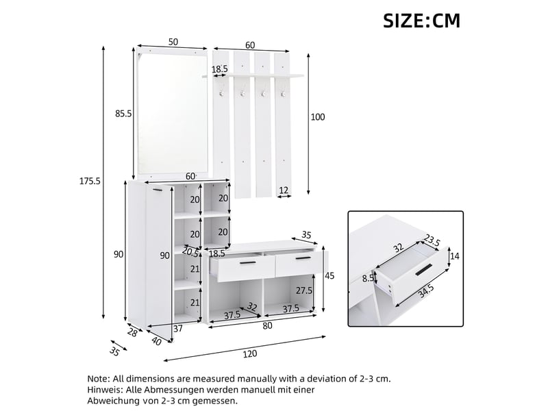  Meuble d'entrée avec miroir, 1 porte, 2 tiroirs, 10 niches et 4 crochets pour hall, blanc, 120 × 35 × 175,5 cm  - Conforama D