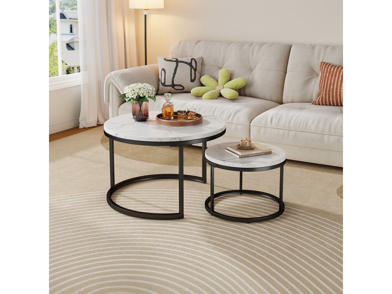  Tcqpz table basse gigogne ronde lot de 2 70x70 cm, structure métal, plateau effet marbre  - Conforama B