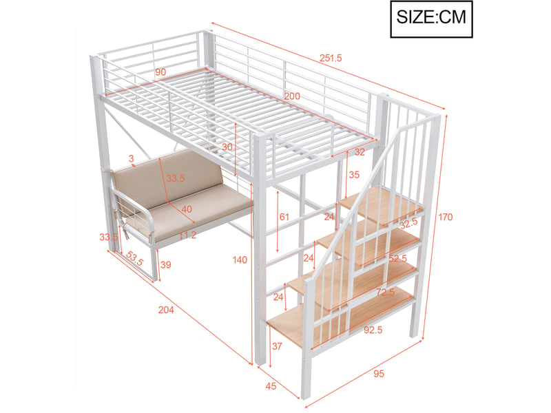  Lit mezzanine enfant 90x200 cm – blanc – canapé amovible, escalier avec rangement, sans matelas  - Conforama C