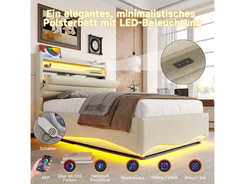  Lit capitonné 90 x 200 cm beige, led, relevage hydraulique, usb et type-c, rangements, sans matelas  - Conforama E