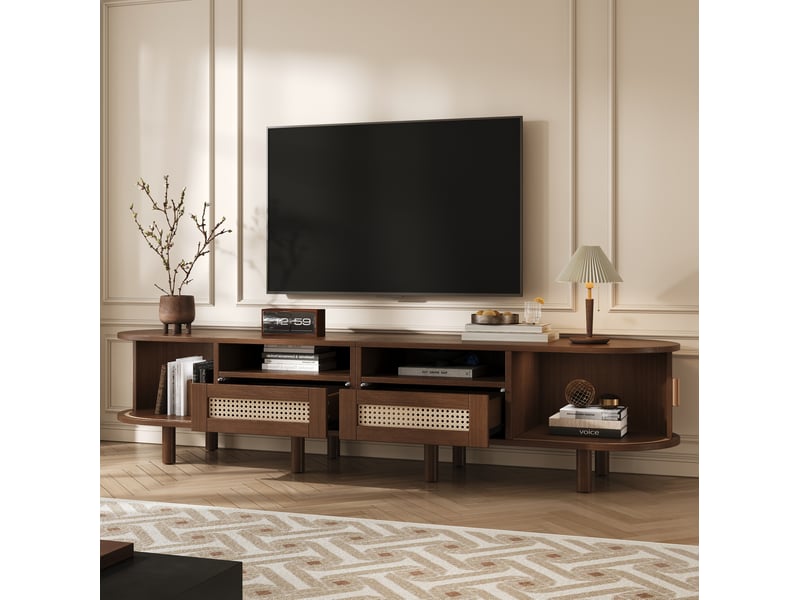 Meuble tv modenvie ovale 170 x 40 x 40 cm 2 tiroirs 2 portes coulissantes noyer foncé - Conforama D
