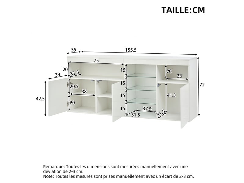  Buffet salon blanc laqué avec led 155 cm - 3 portes et étagères en verre - meuble de rangement moderne  - Conforama C