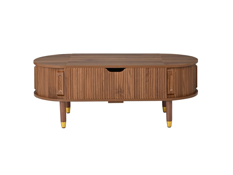  Table basse ovale avec plateau relevable hydraulique, rangement et portes coulissantes, mdf, pieds en bois d'hévéa, noyer  - Conforama D