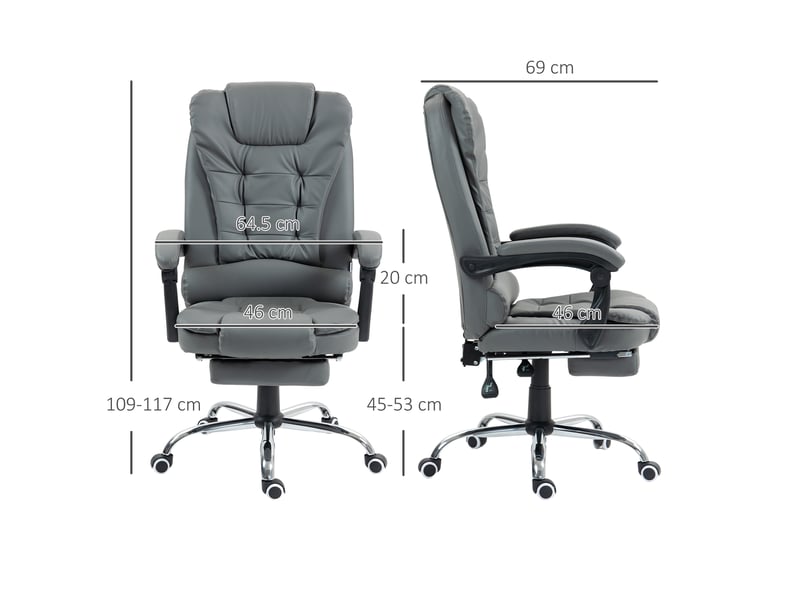  Fauteuil de bureau ergonomique avec inclinaison à 145° et repose-pieds escamotable, en similicuir gris.  - Conforama E