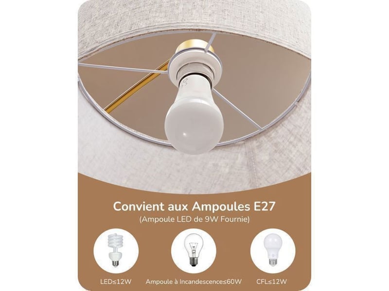  Lampadaire arc reglable or, abat-jour tissu beige, hauteur et tete ajustables, led e27 dimmable, commande a distance et pedal 370618_AACKG66304_6_DROPFR - Conforama E