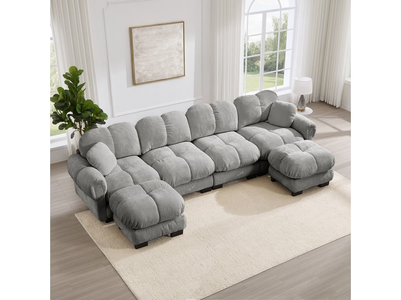 Canapé panoramique en u 4 places modulable avec 2 ottomanes - lpospi - dossier ergonomique, chenille gris clair - Conforama B